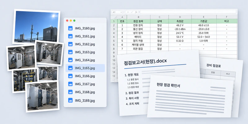 여러 사진 폴더와 스프레드시트, 문서에 나뉘어 있는 업무 자료 예시