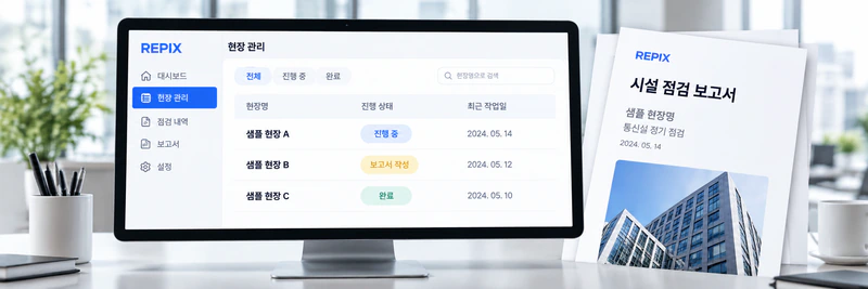 여러 샘플 현장의 진행 상태를 관리하는 웹 화면과 보고서 디자인 예시