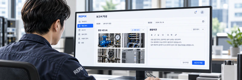 사무실에서 현장 사진과 점검 기록을 확인하는 담당자 연출 이미지