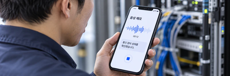 현장 점검자가 스마트폰 음성 메모로 점검 내용을 기록하는 연출 이미지