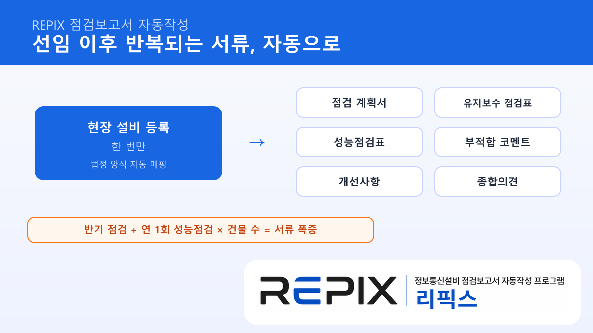 정보통신설비 점검 계획서·점검표·성능점검표 자동 생성 REPIX