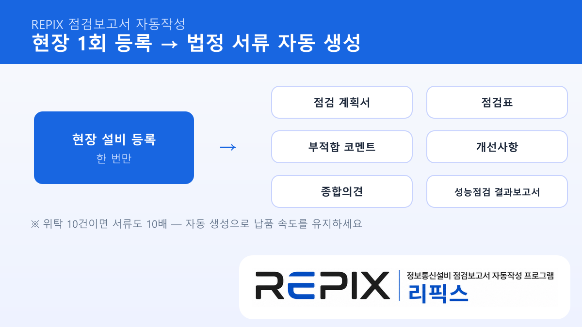 정보통신설비 점검 계획서·성능점검 결과보고서 자동 생성 REPIX